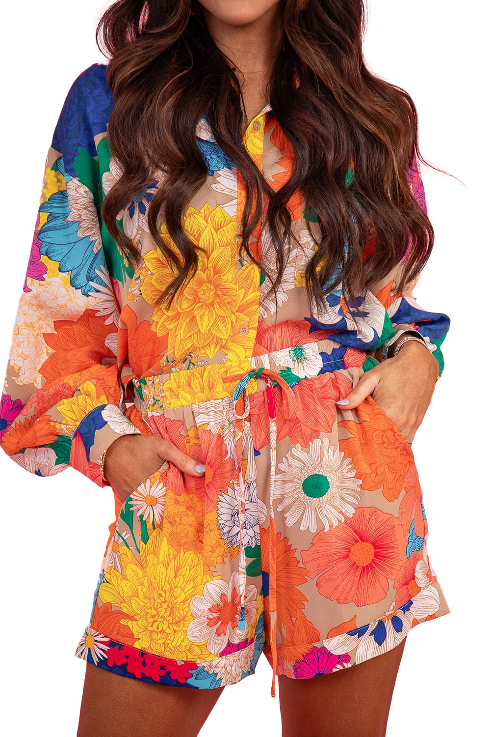 Orange Floral Print Lantern Sleeve Shirt & Drawstring Shorts Set