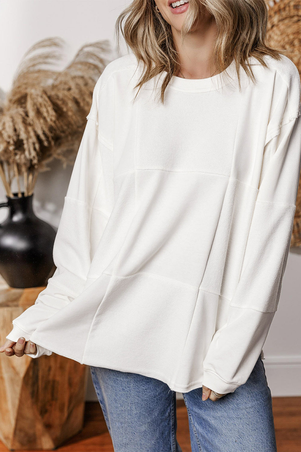 White Solid Color Drop Shoulder Baggy Sweatshirt