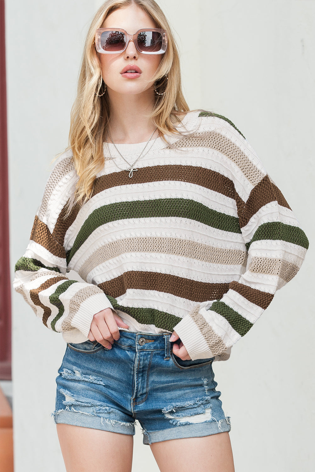 Striped Colorblock Drop Sleeve Hollowed Knit Sweater