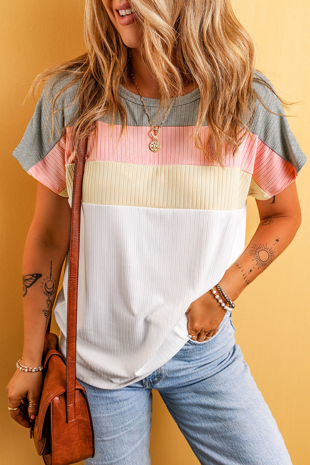 White Ribbed Color Block Patchwork T shirt