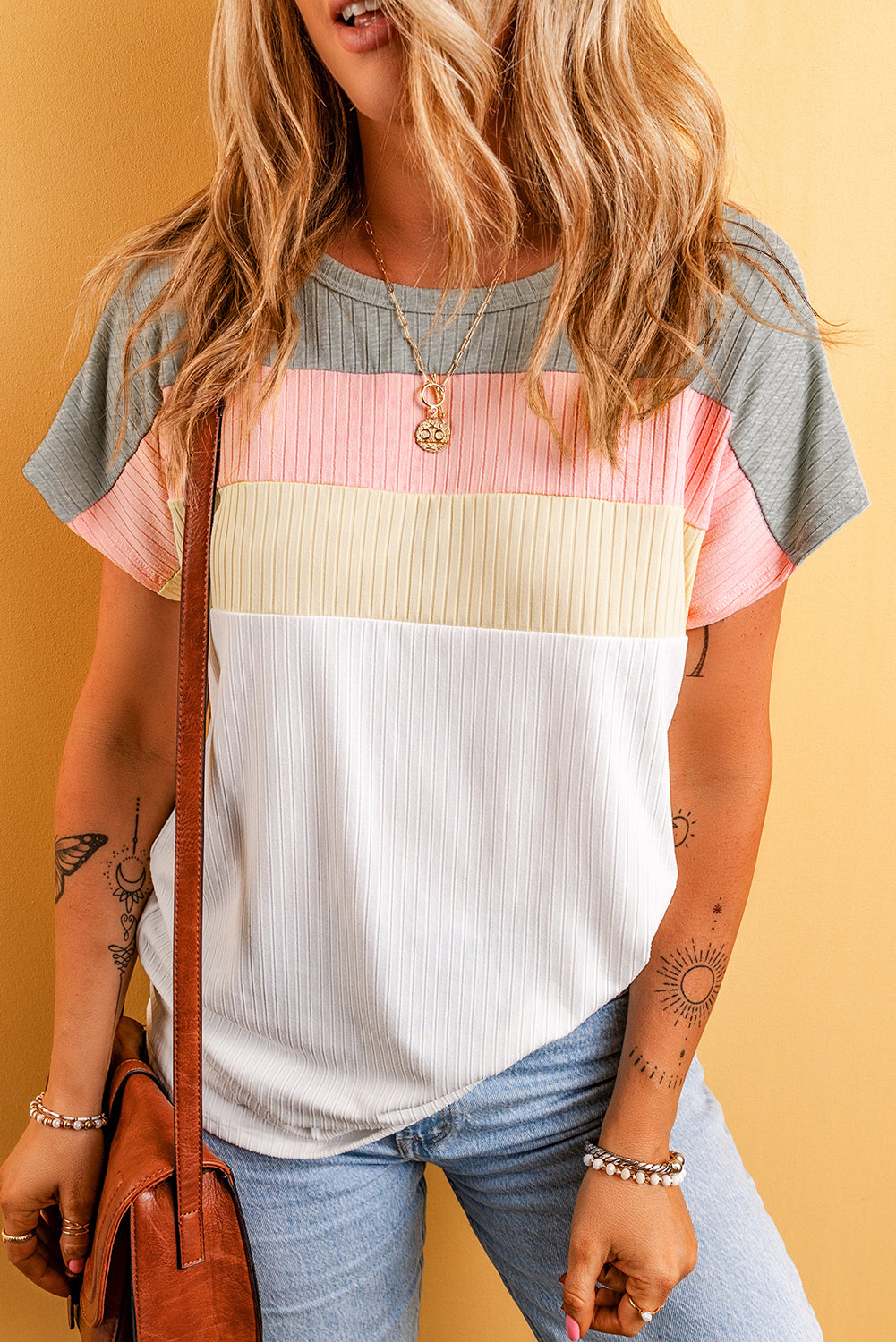 White Ribbed Color Block Patchwork T shirt