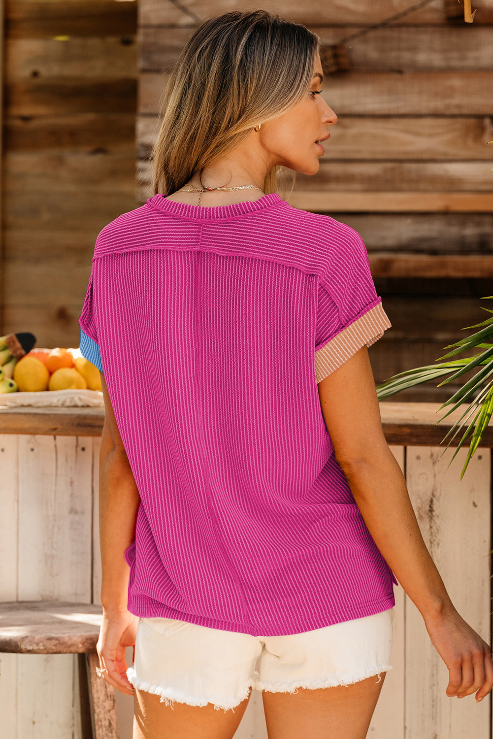 Apricot Pink Colorblock Ribbed Round Neck T Shirt