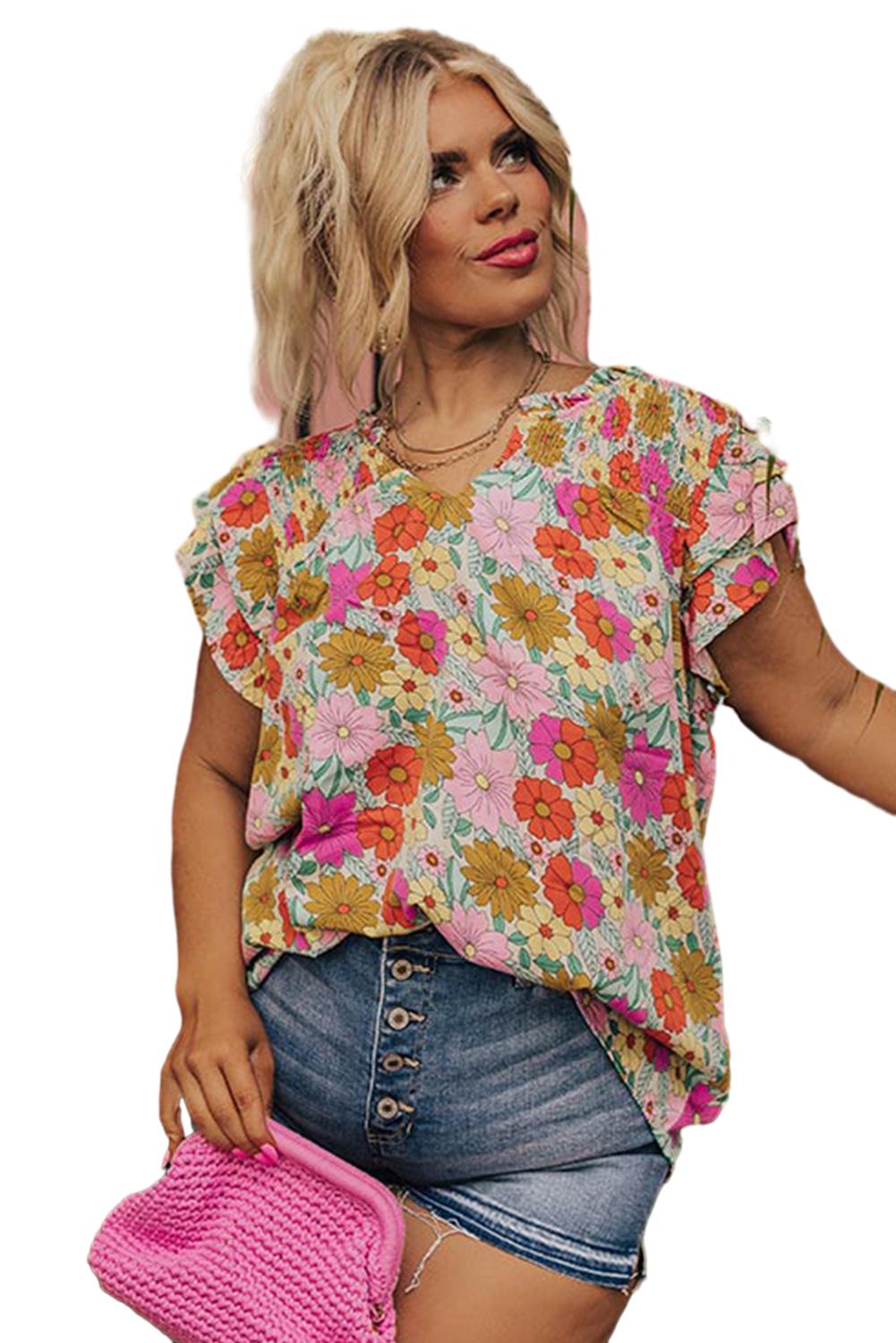 Multicolour Plus Floral Notched Neck Ruffle Sleeve Blouse