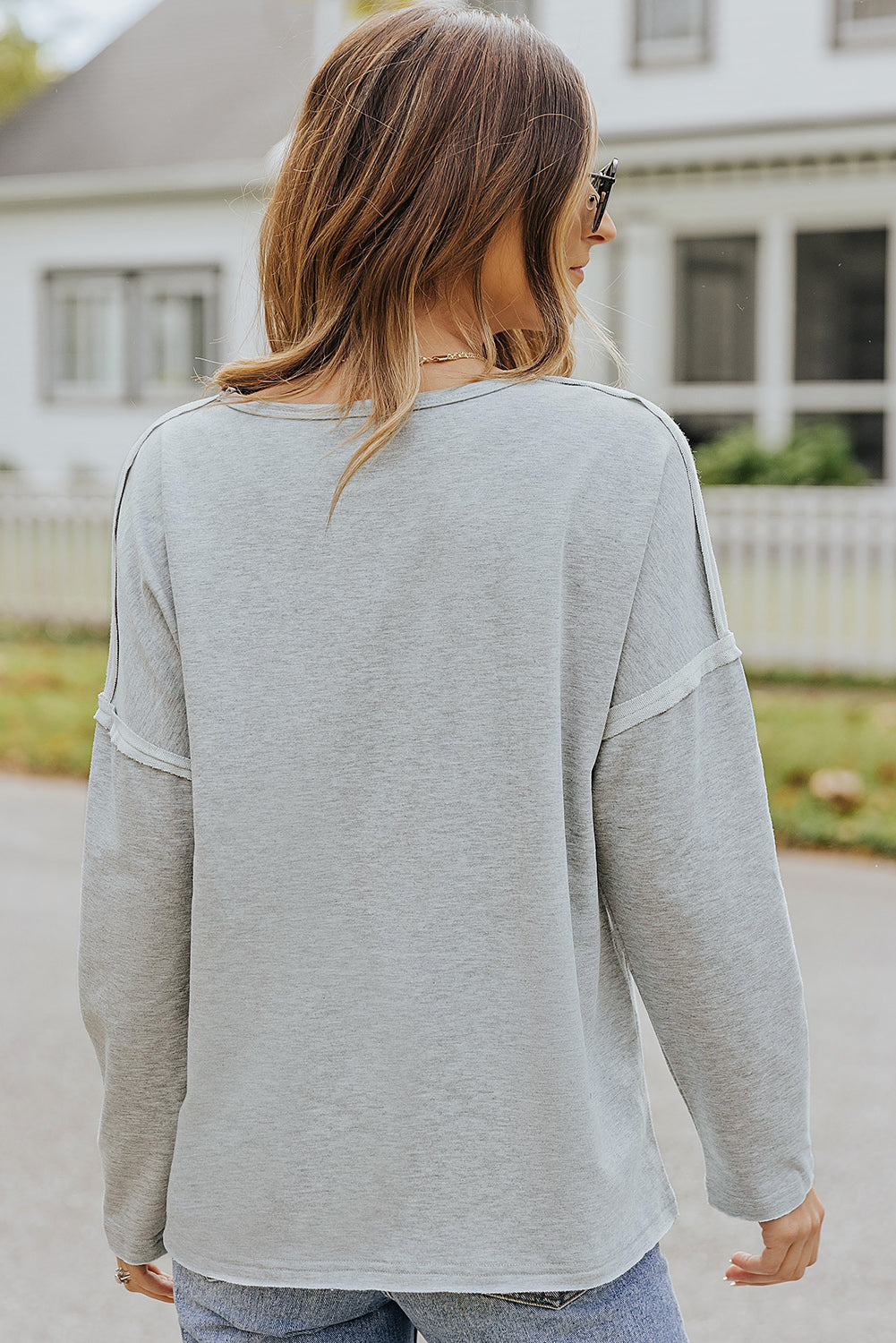 Grey V Neck Exposed Seam Drop Shoulder Long Sleeve Top