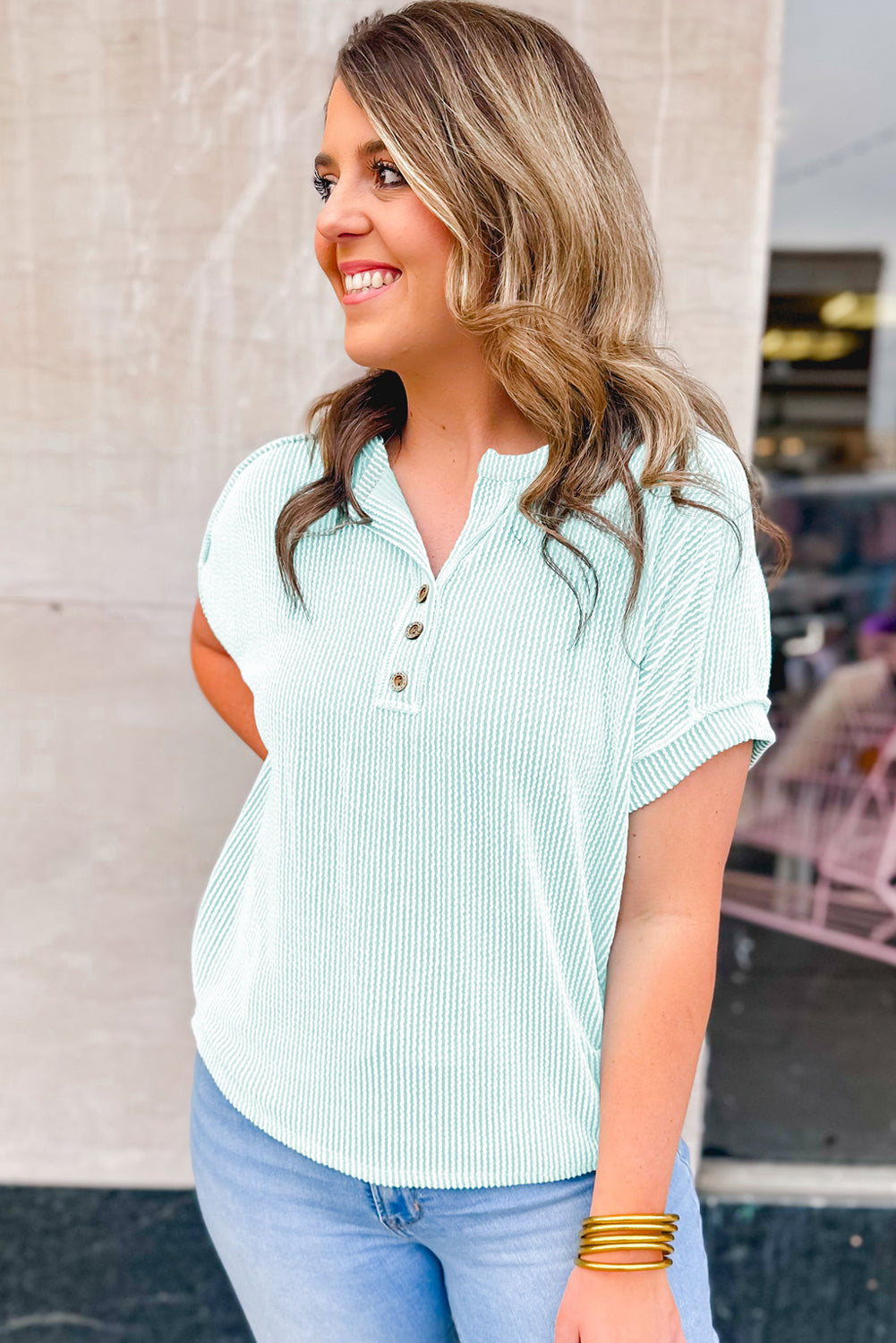 Iceland Blue Plus Size Textured Henley T Shirt *** Run Smaller than Actual Size ***