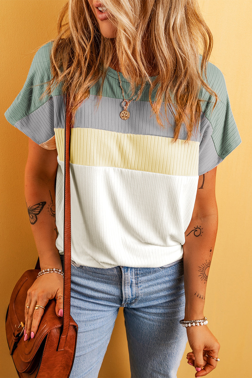 White Ribbed Color Block Patchwork T shirt