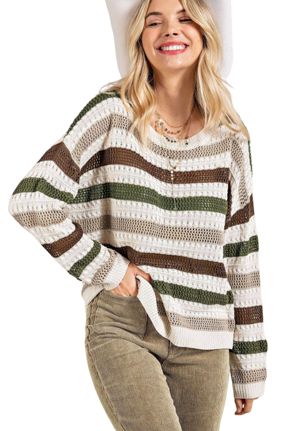 Striped Colorblock Drop Sleeve Hollowed Knit Sweater