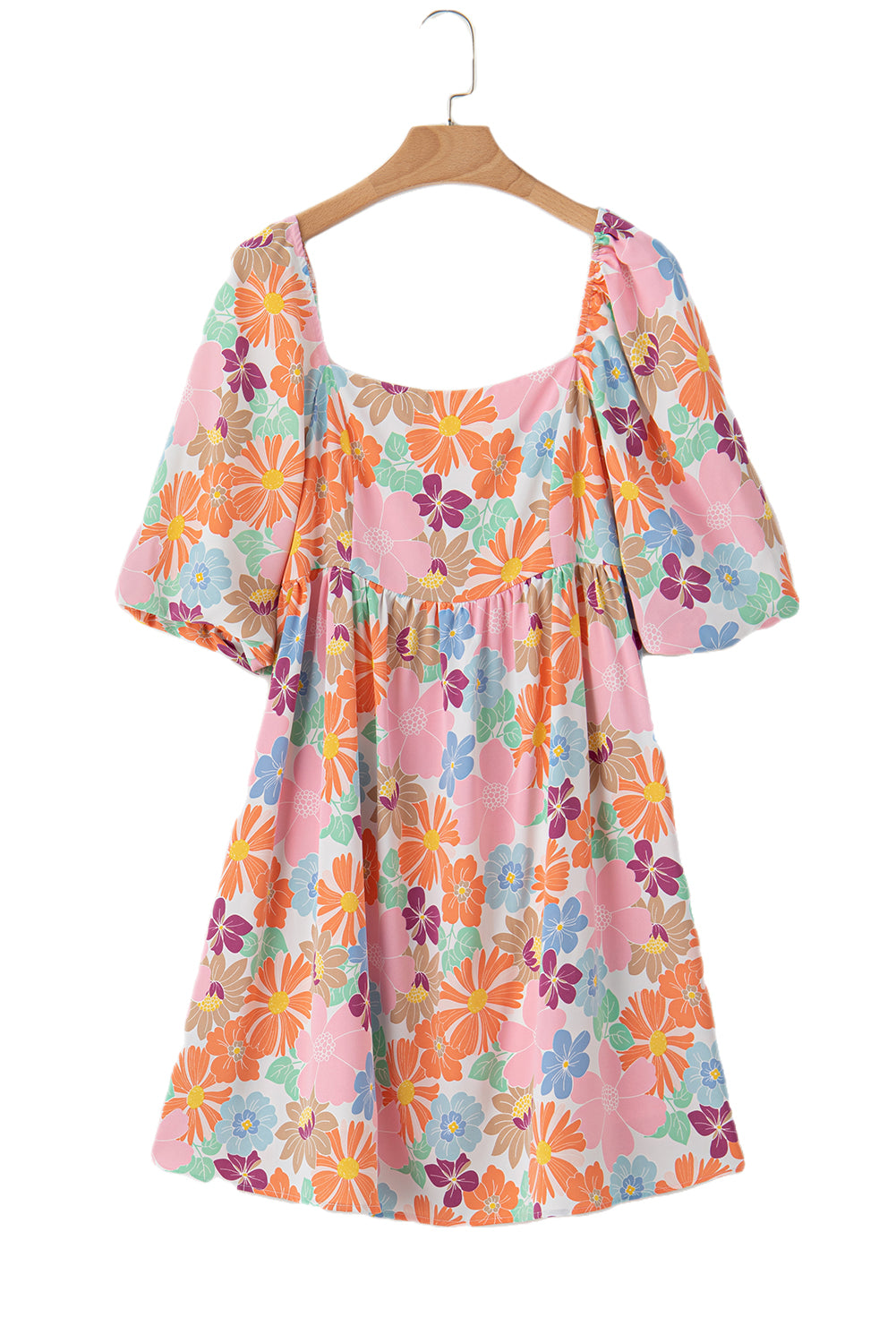 Pink Summer Floral Square Neck Puff Sleeve Babydoll Dress