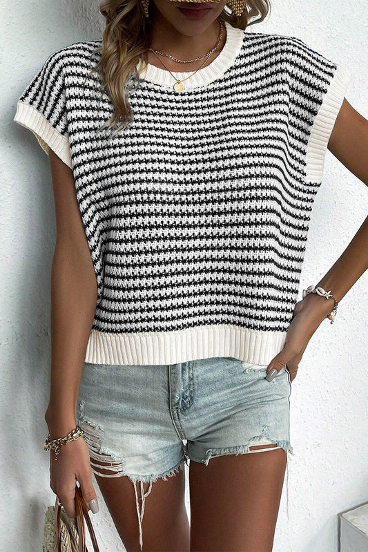 Blue Stripe Contrast Trim Knit Dolman Top