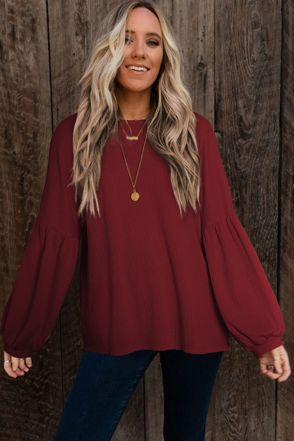 Ruby Solid Color Textured Lantern Sleeve Top