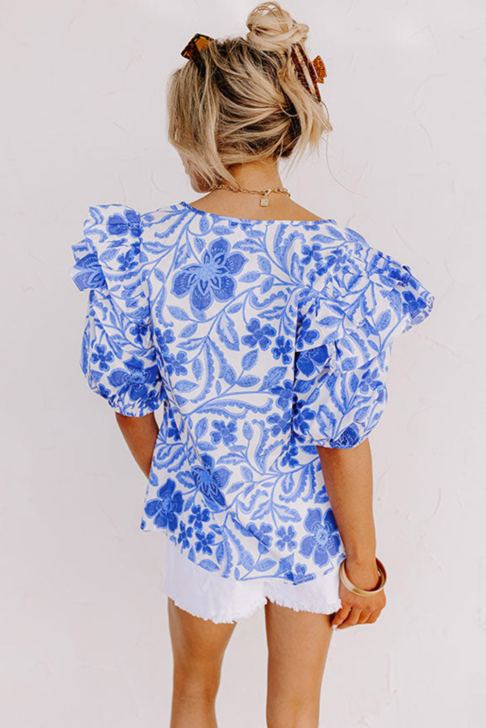 Wholesale Dark Blue Floral Print Ruffled Bubble Sleeve Blouse