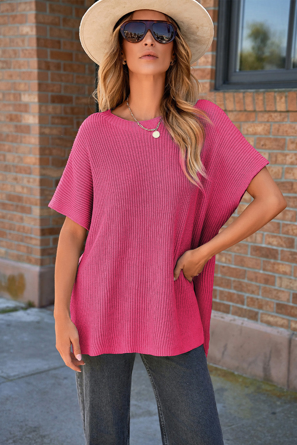 Rose Red Short Sleeve Side Slit Oversized Sweater