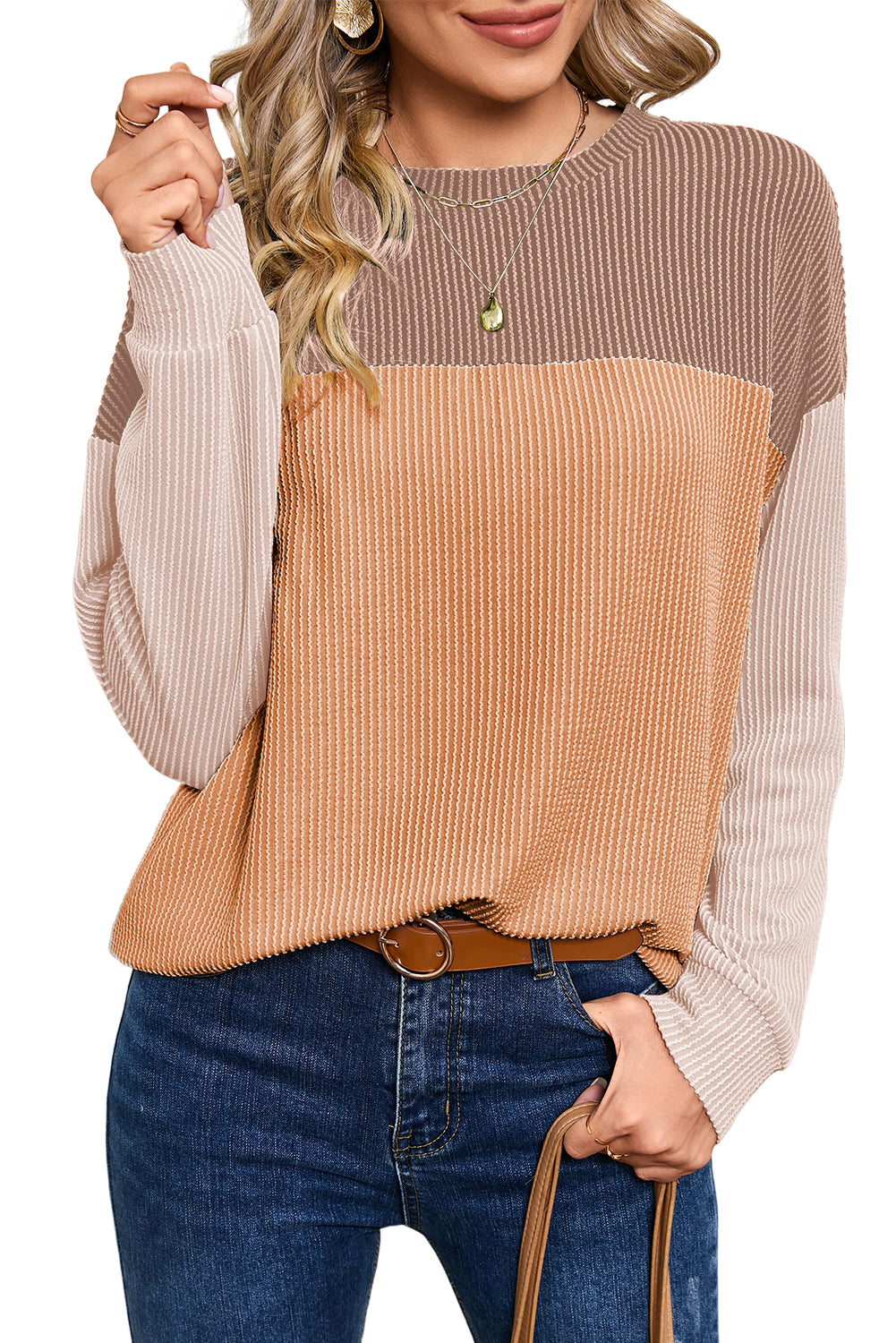 Dark Green Color Block Cording Loose Long Sleeve Top