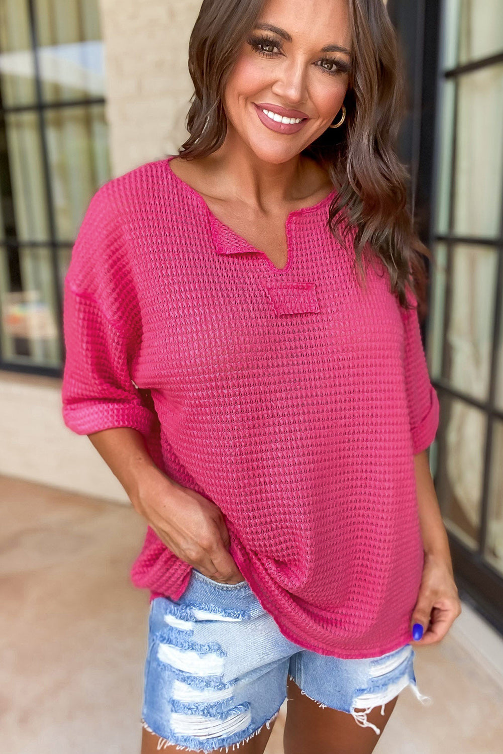 Strawberry Pink Textured Knit Split Neck Short Sleeve Top