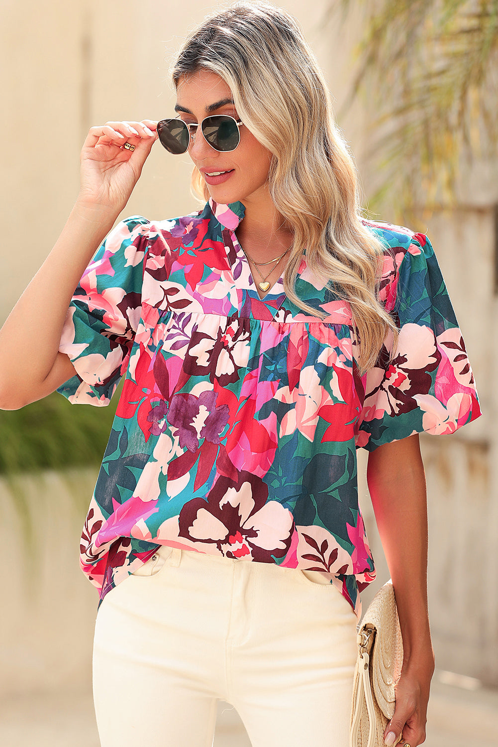 Wholesale Rose Red Floral Print V Neck Lantern Sleeve Blouse