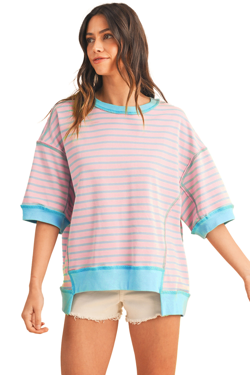 Pink Stripe Colorblock Drop Sleeve Oversized T Shirt