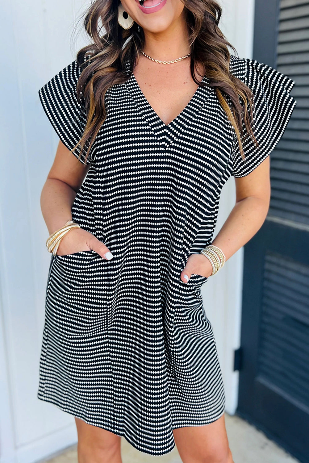 Moonlight Jade Striped V Neck Flutter Sleeve Mini Dress