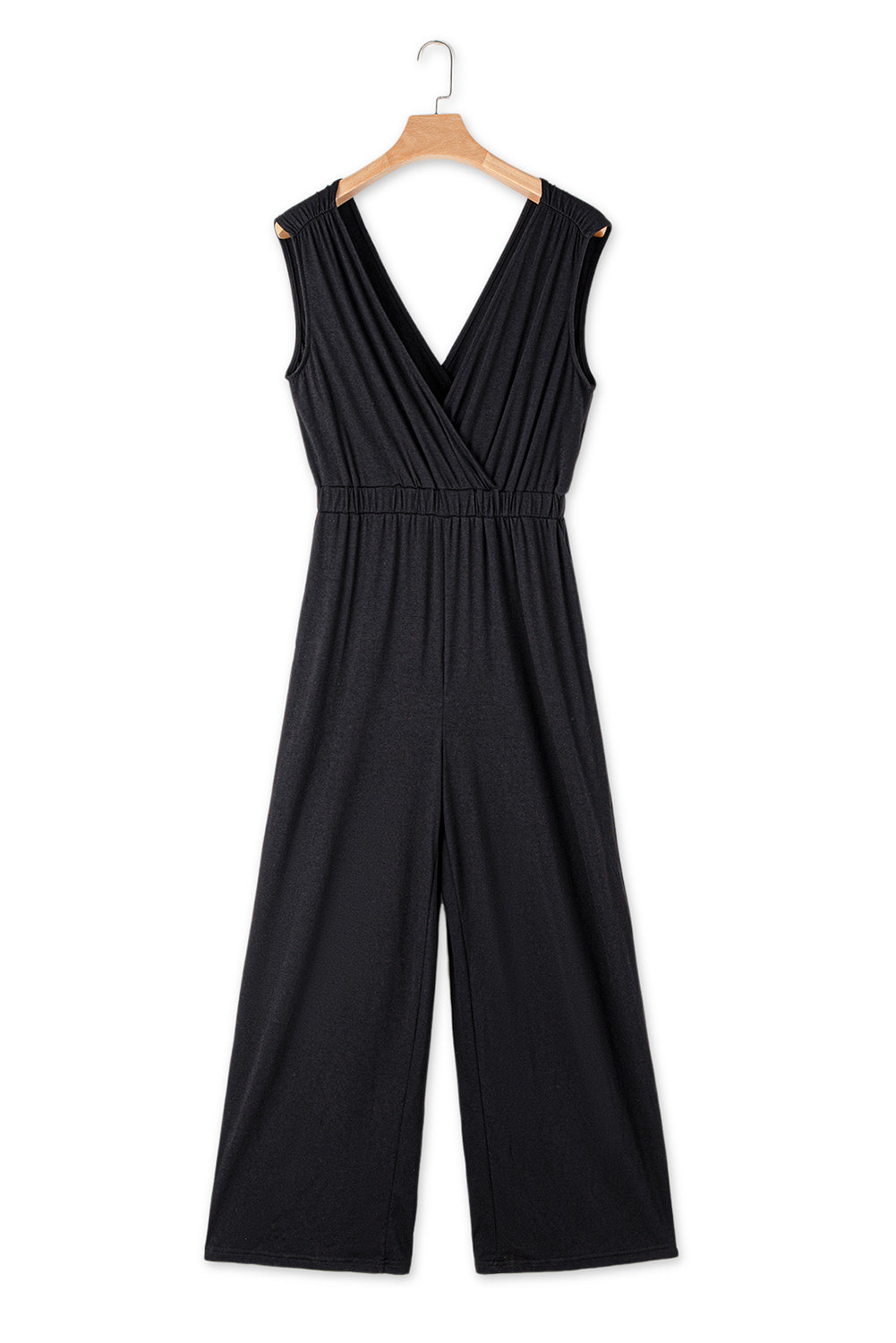 Black Deep V Pocketed Pleated Wide Leg Jumpsuit