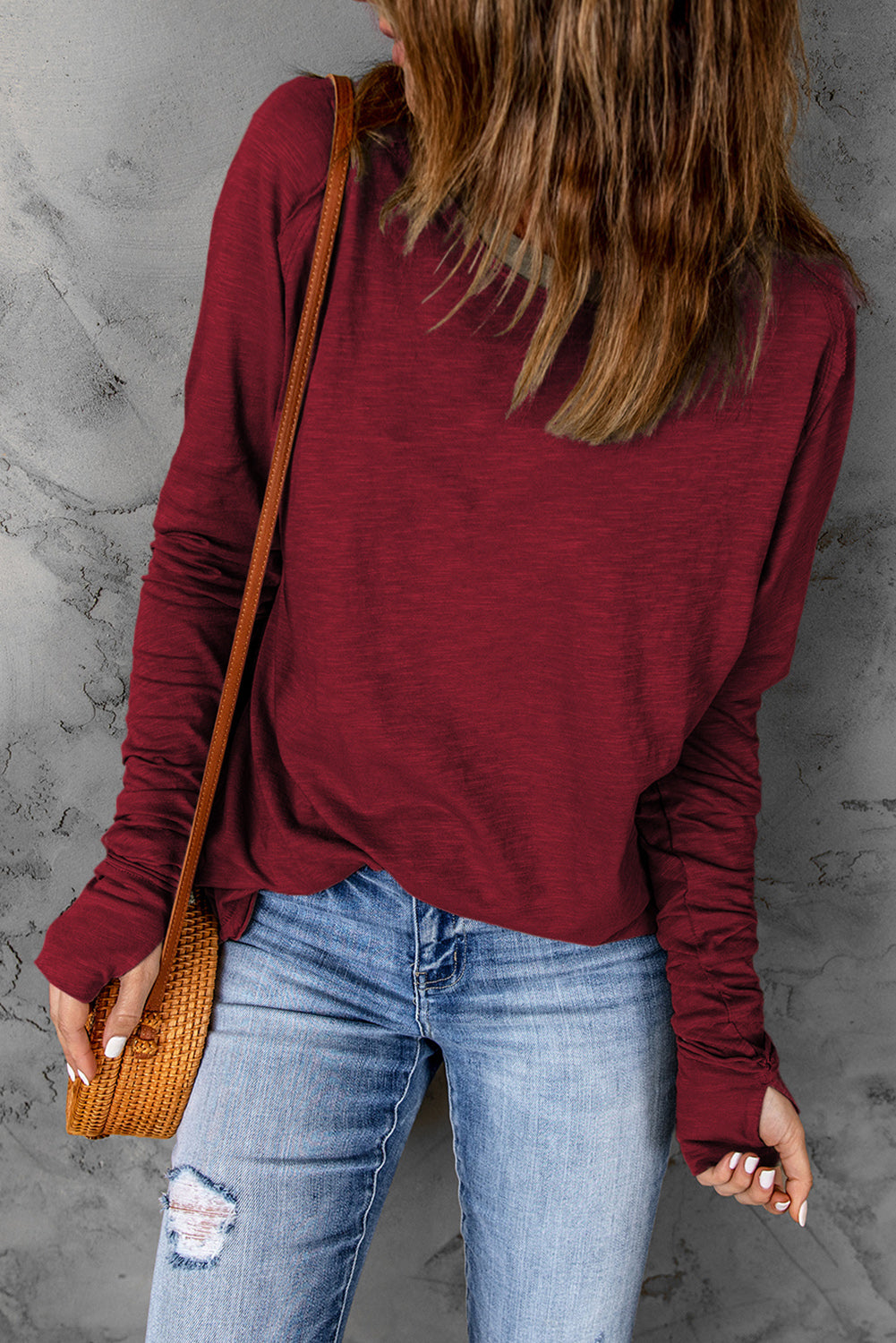 Dark Red Plain Thumbhole Long Sleeve Top