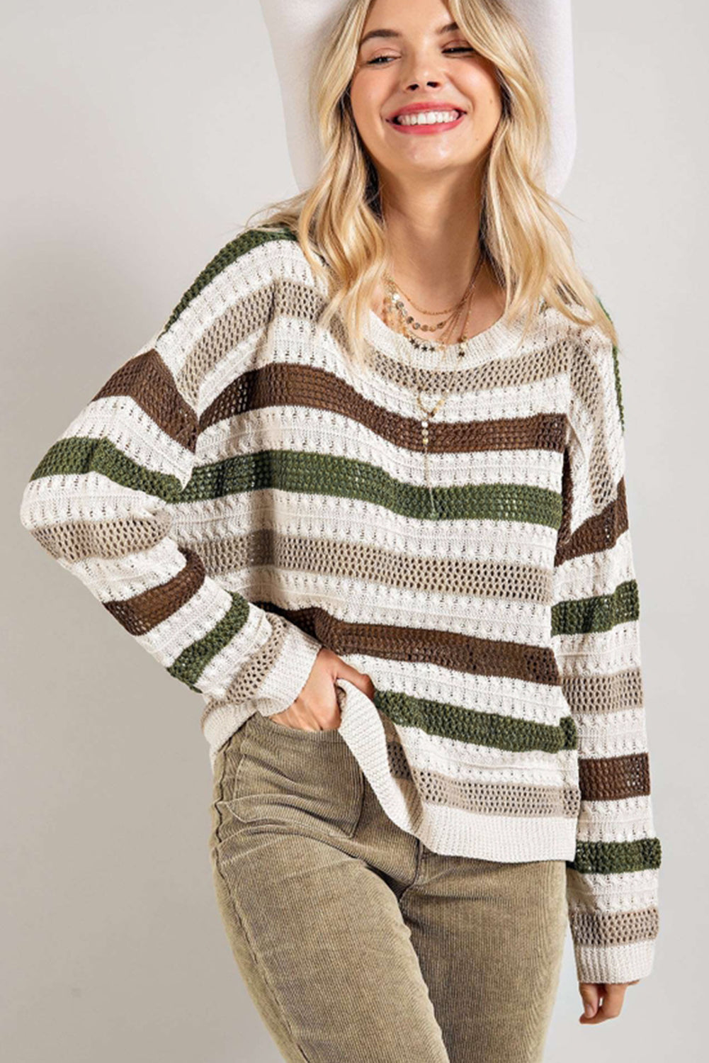 Striped Colorblock Drop Sleeve Hollowed Knit Sweater