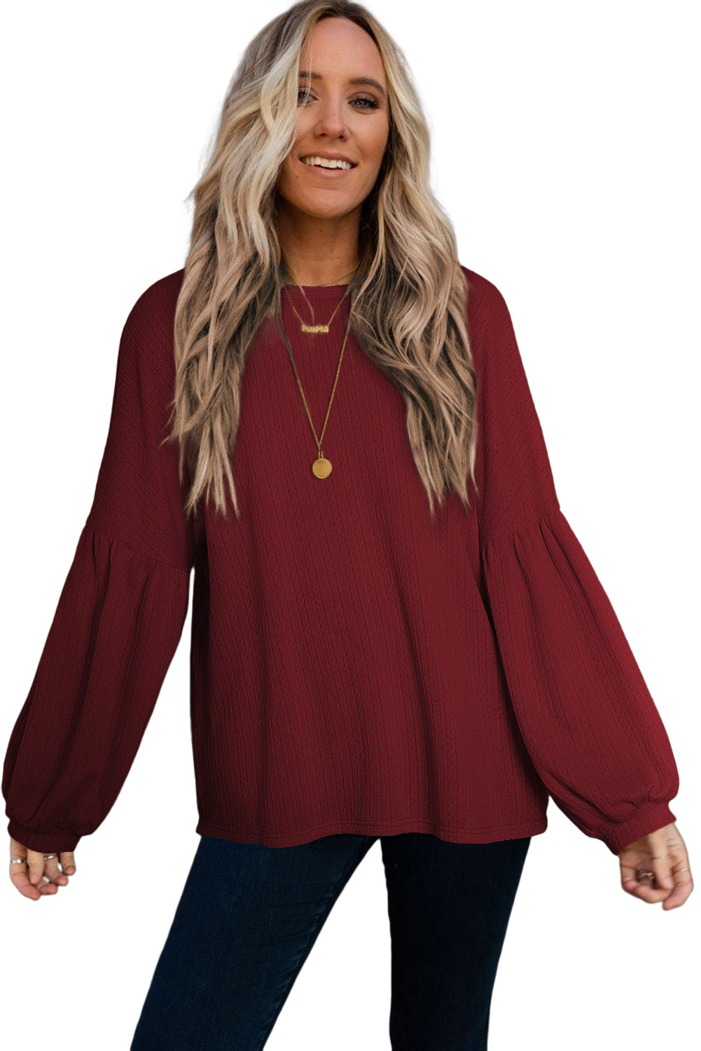 Ruby Solid Color Textured Lantern Sleeve Top