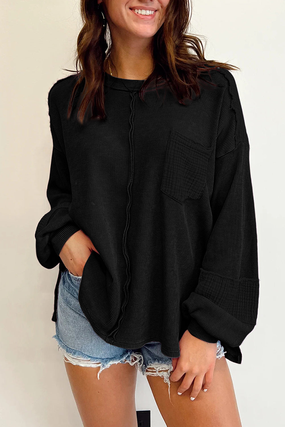 Black Waffle and Crinkle Long Sleeve Top