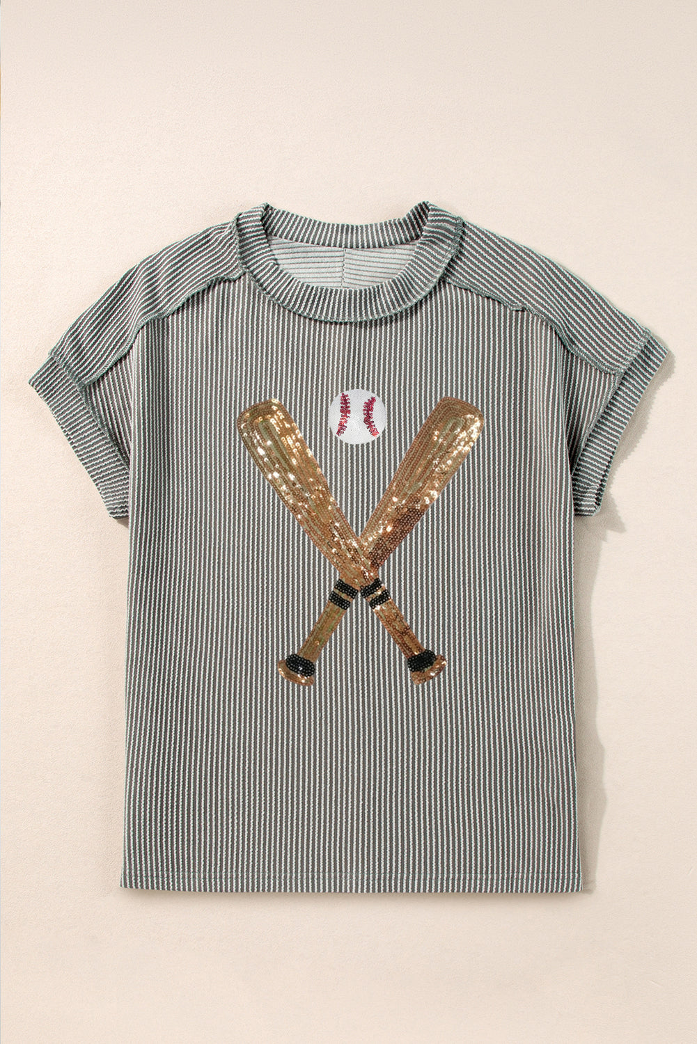 Wholesale Medium Grey Ribbed Knit Sequin Baseball Graphic T Shirt