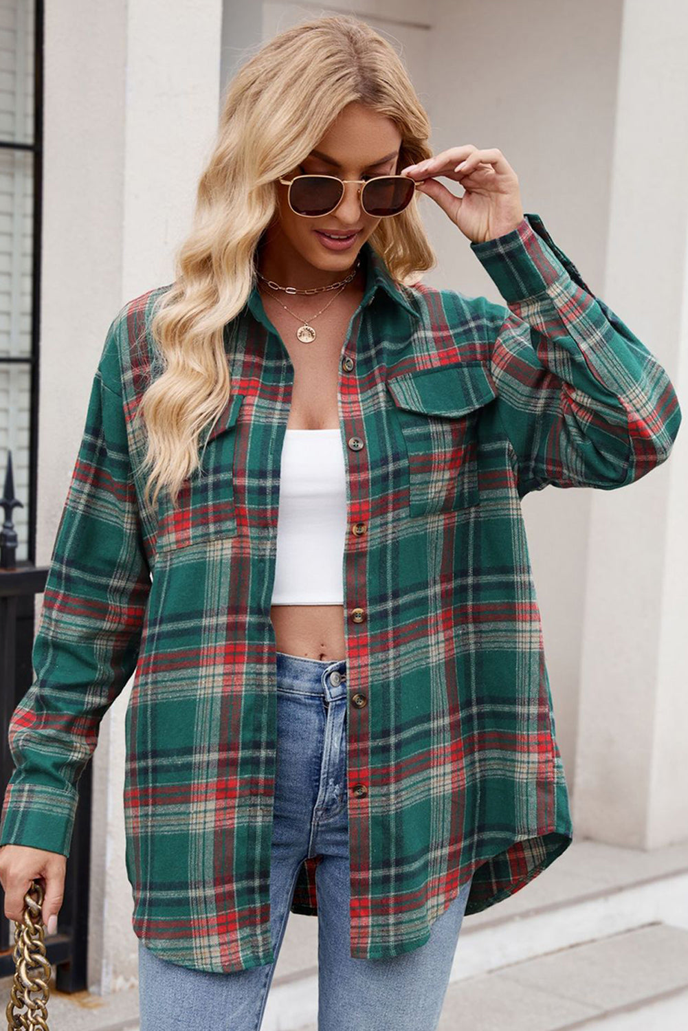 Red Plaid Chest Pocket Button Front Shirt