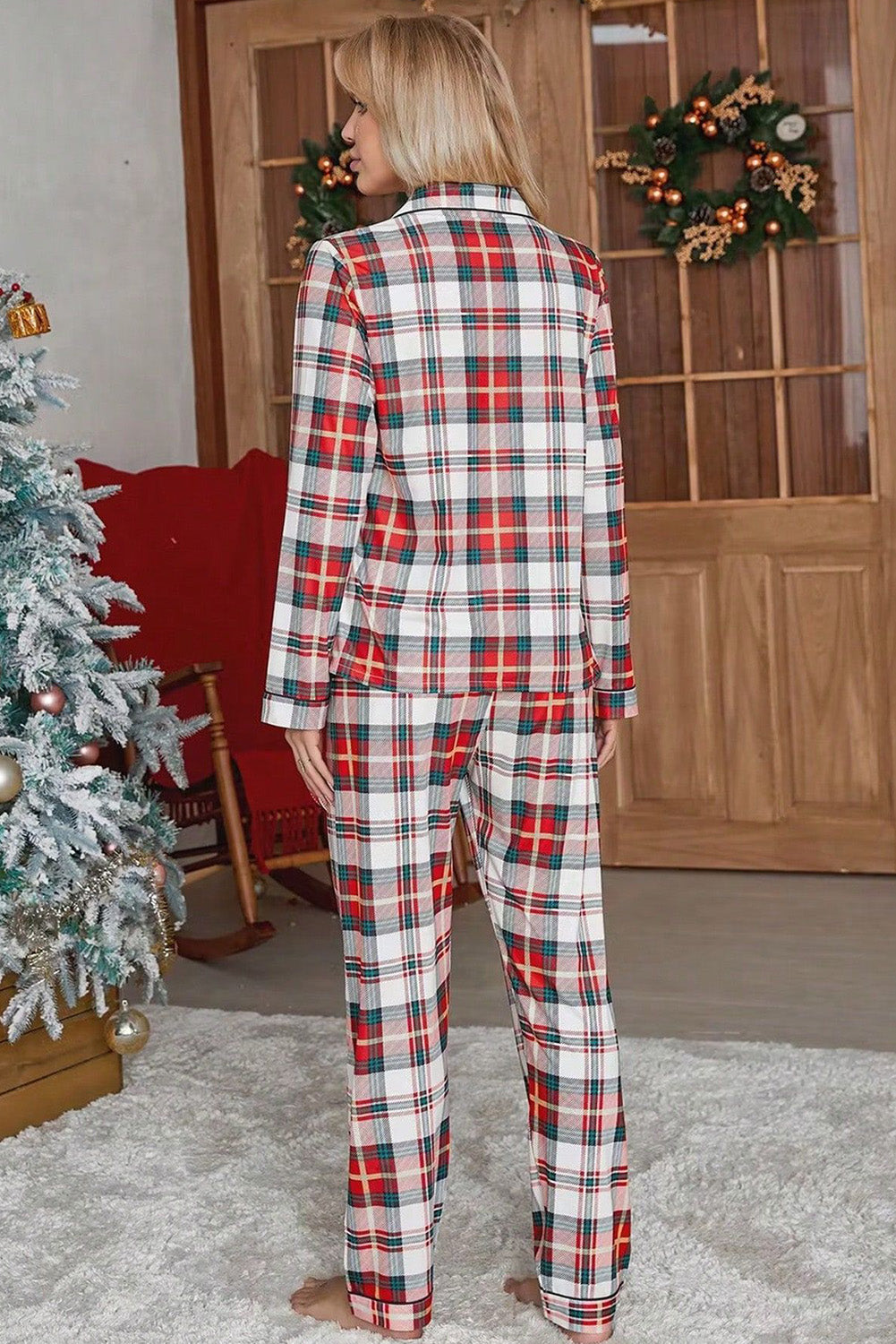 Red Christmas Plaid Long Sleeve Shirt and Pants Pajama Set