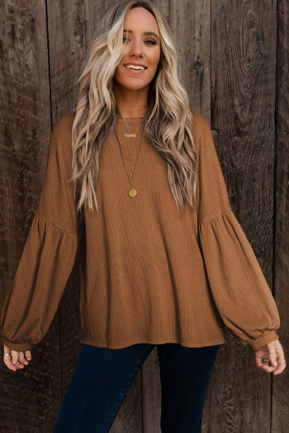 Ruby Solid Color Textured Lantern Sleeve Top