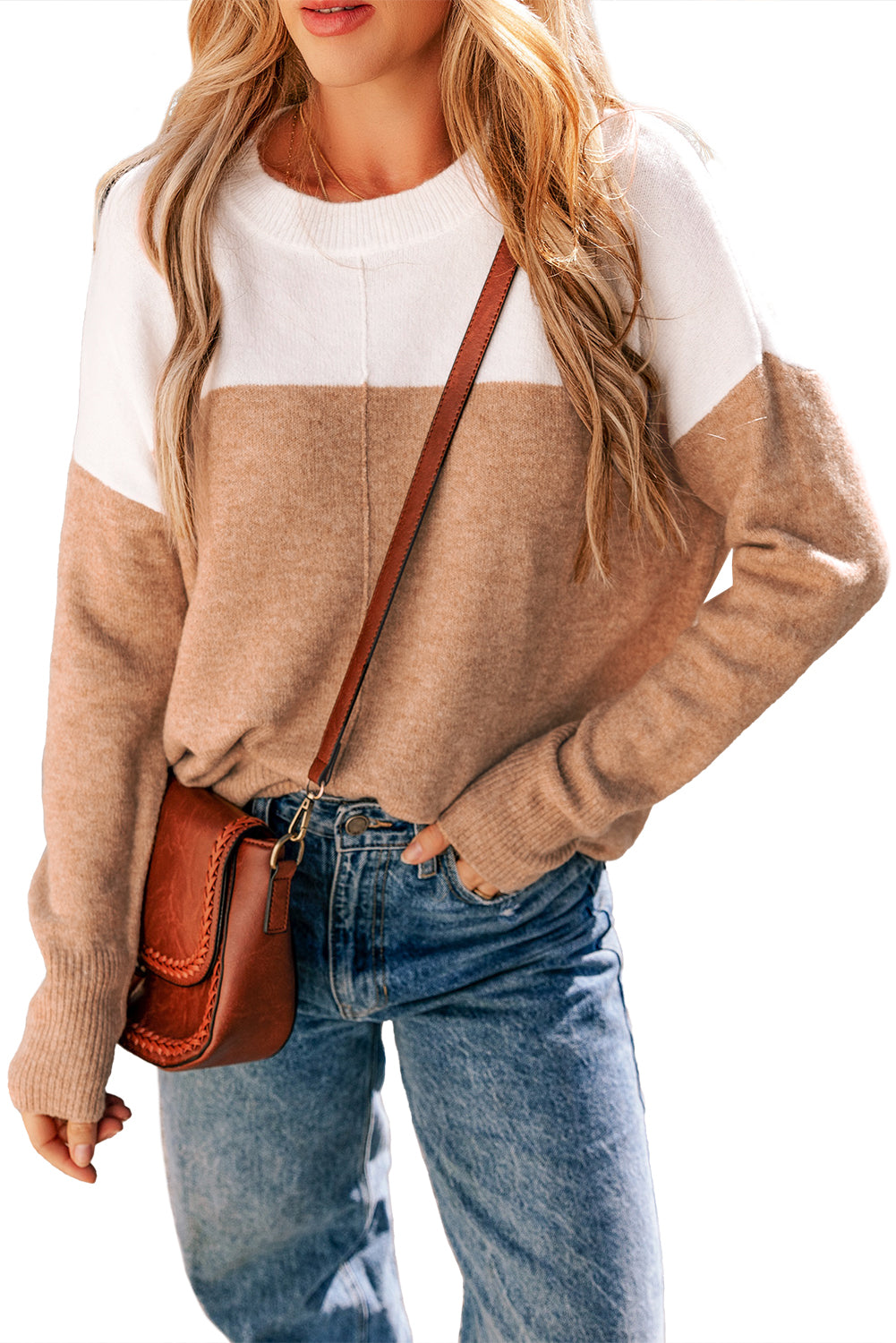 Khaki Colorblock Ribbed Trim Round Neck Sweater