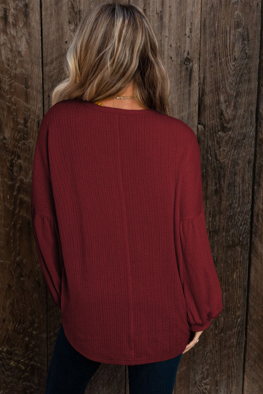 Ruby Solid Color Textured Lantern Sleeve Top