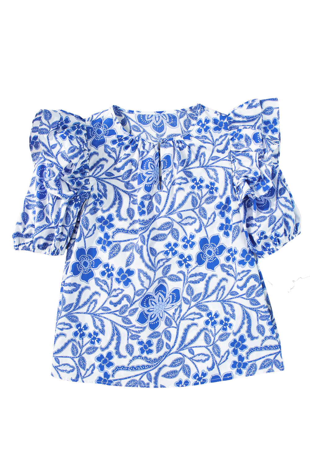 Wholesale Dark Blue Floral Print Ruffled Bubble Sleeve Blouse