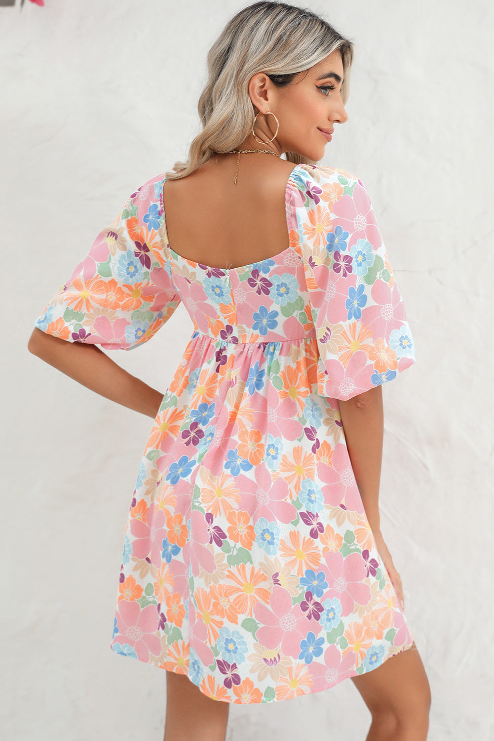 Pink Summer Floral Square Neck Puff Sleeve Babydoll Dress