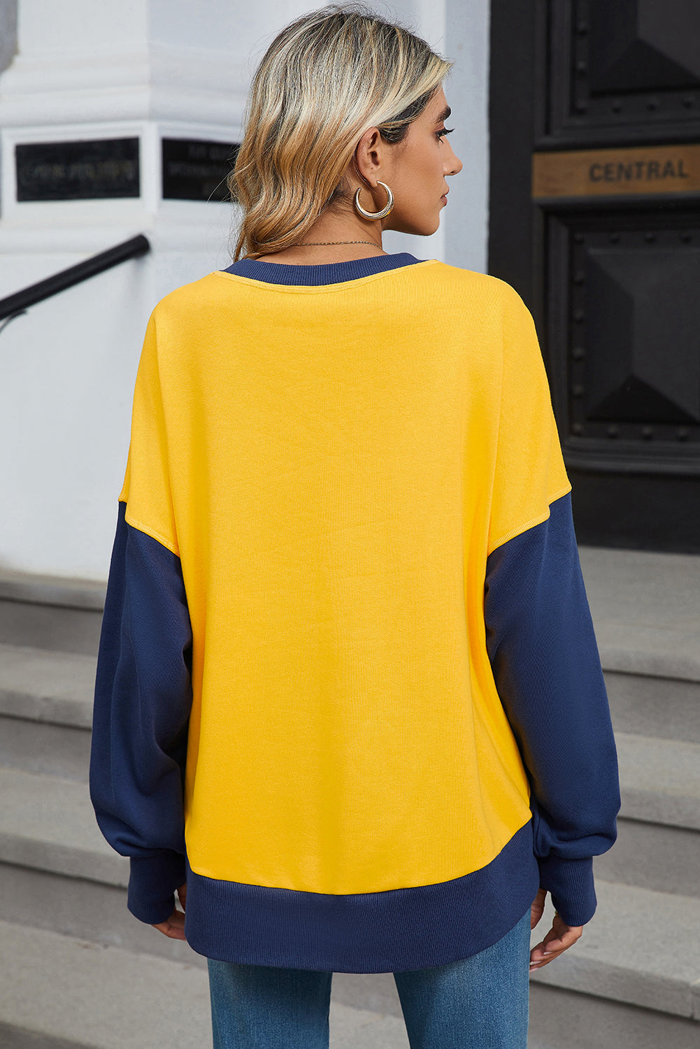 Yellow Color Block Thumbhole Sleeve Drop Shoulder Sweatshirt