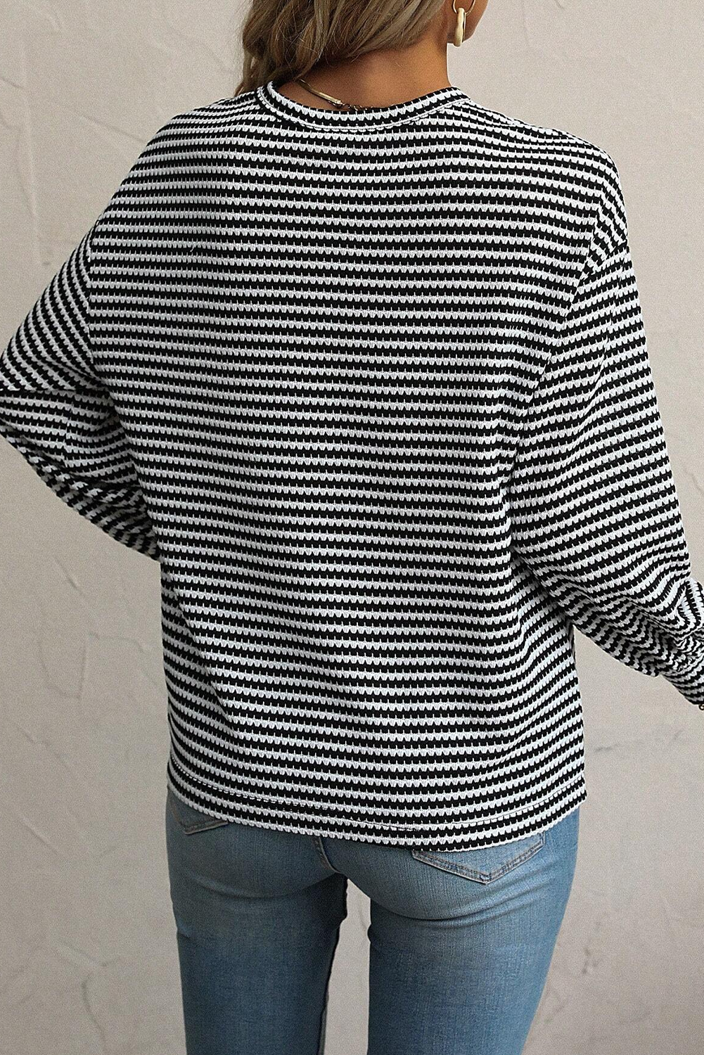 Black Striped Round Neck Drop Shoulder Long Sleeve Top