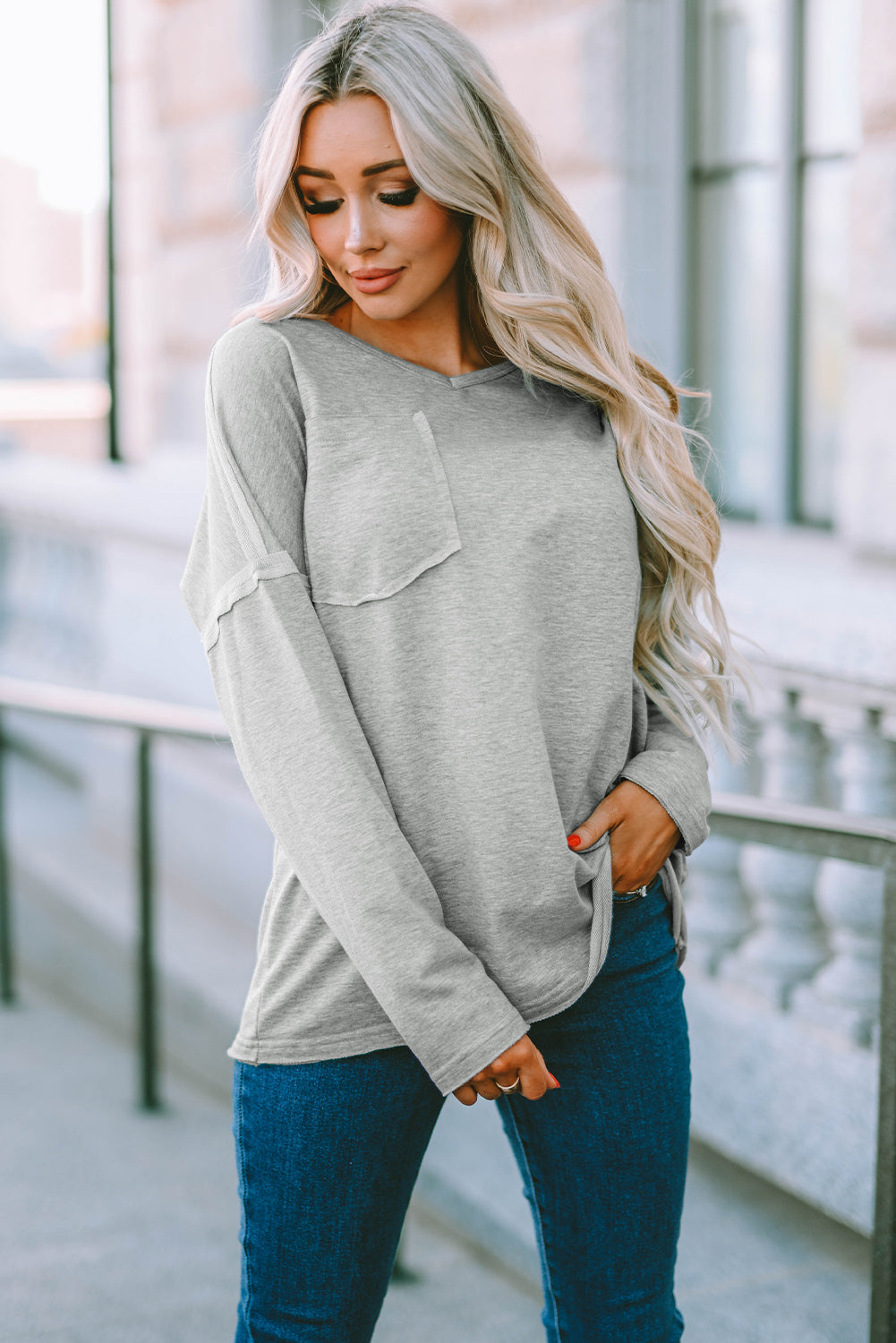 Grey V Neck Exposed Seam Drop Shoulder Long Sleeve Top