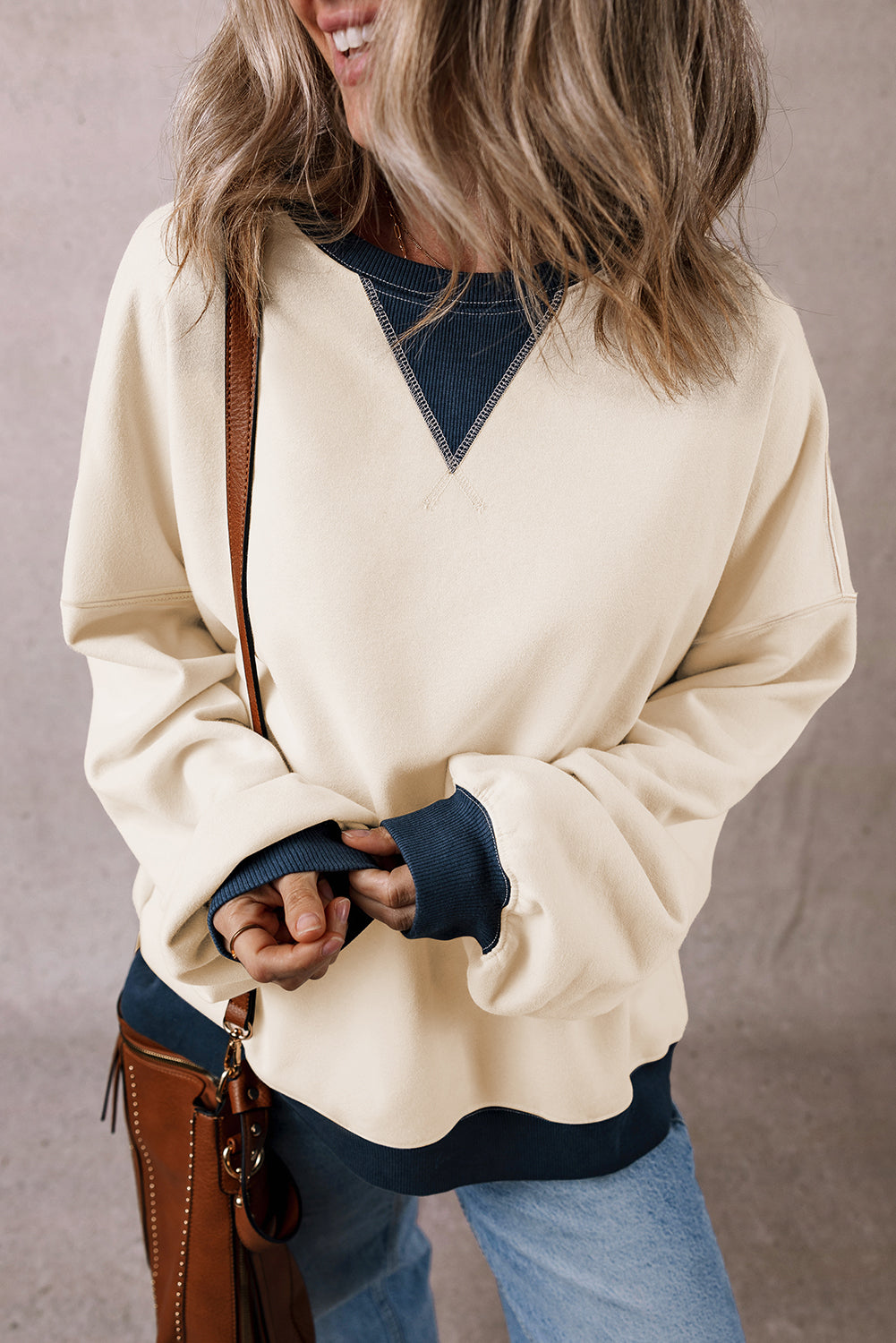 White Color Block Drop Shoulder Crewneck Oversized Sweatshirt