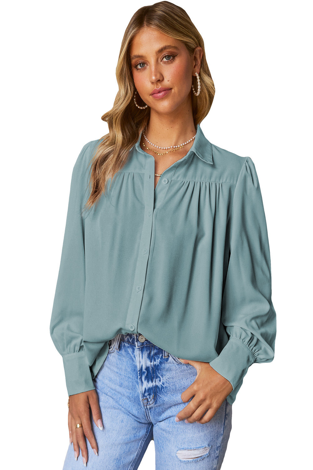 Light Blue Solid Color Button Up Puff Sleeve Casual Pleated Shirt