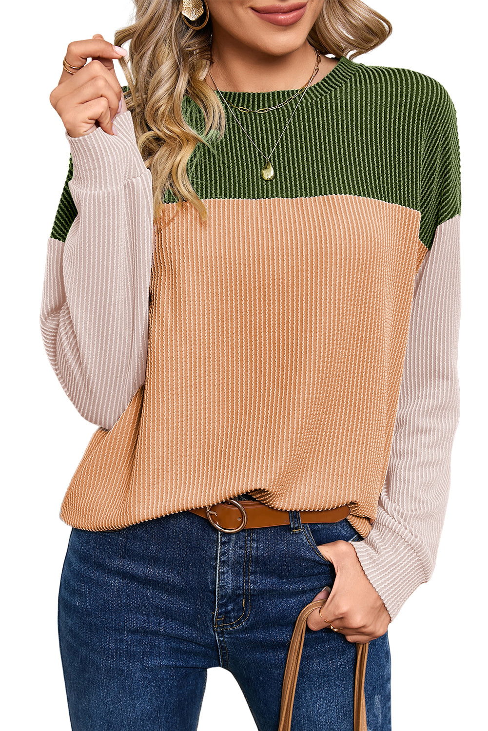 Dark Green Color Block Cording Loose Long Sleeve Top