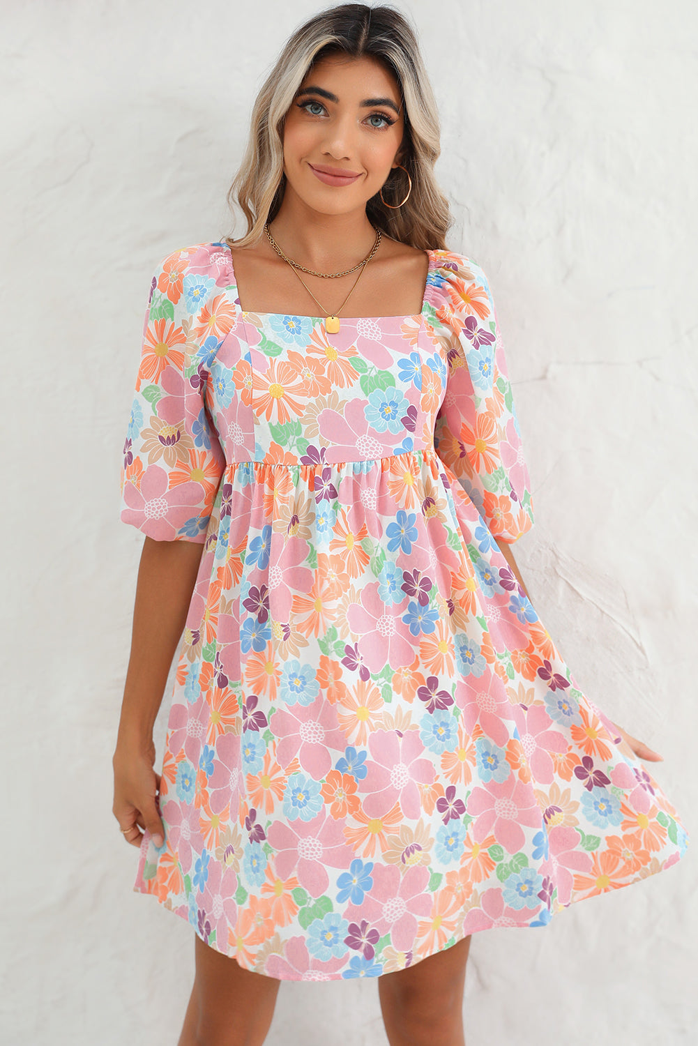 Pink Summer Floral Square Neck Puff Sleeve Babydoll Dress