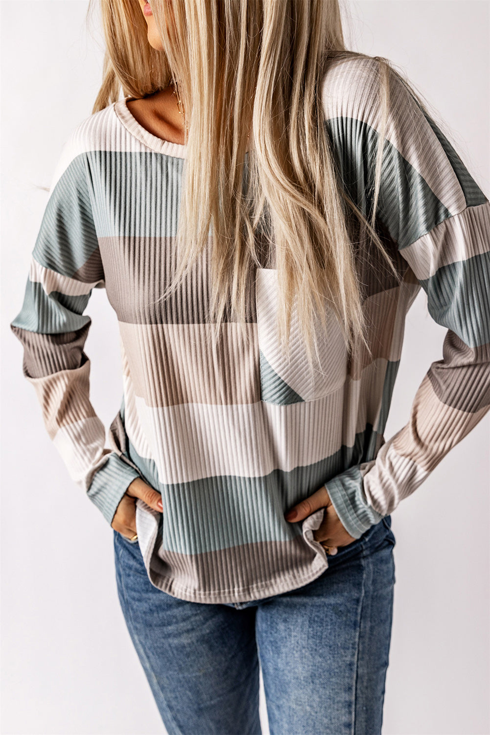 Green Color Block Casual Pocket Long Sleeve Top