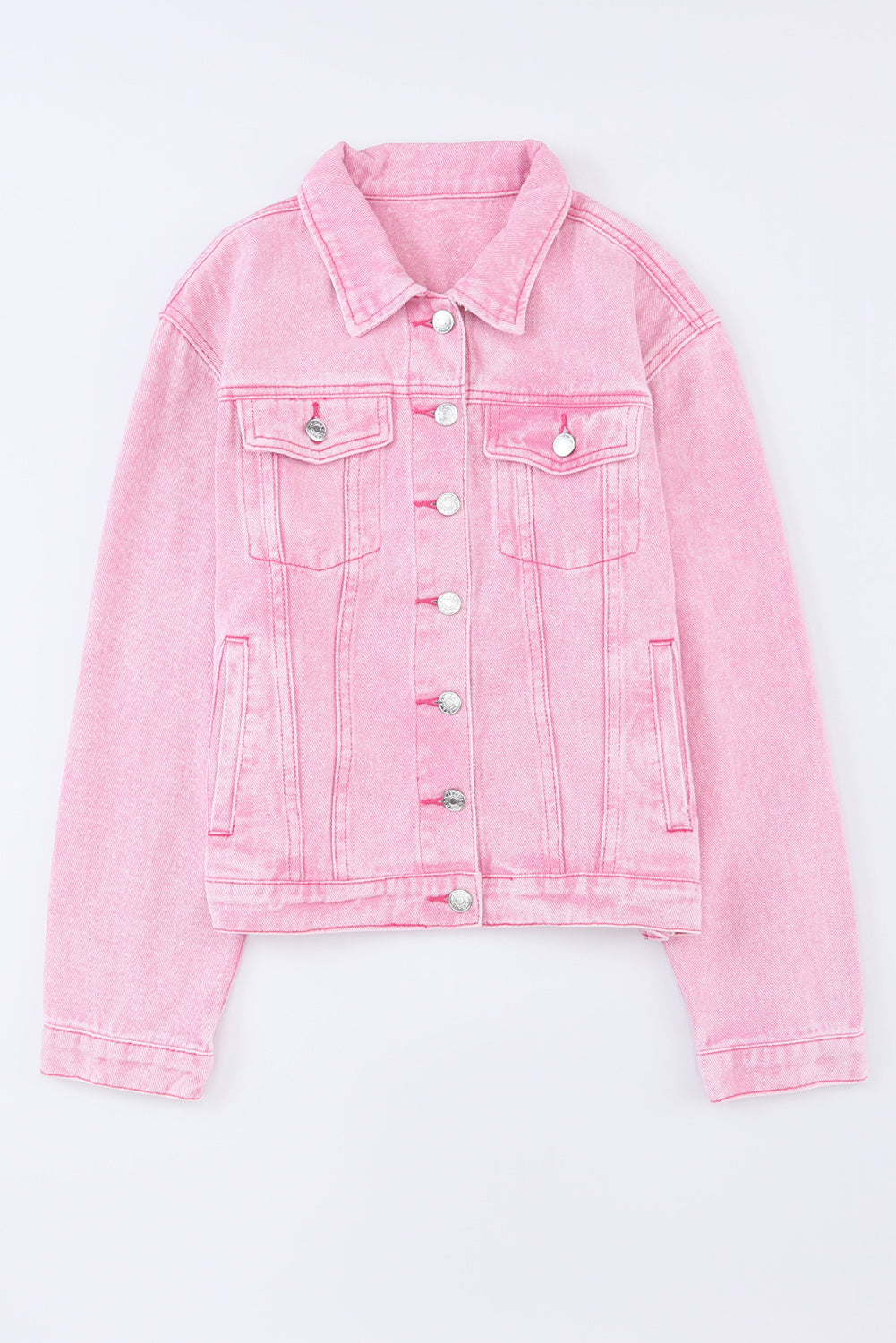 Wholesale Pink Light Wash Flap Pockets Button Up Denim Jacket