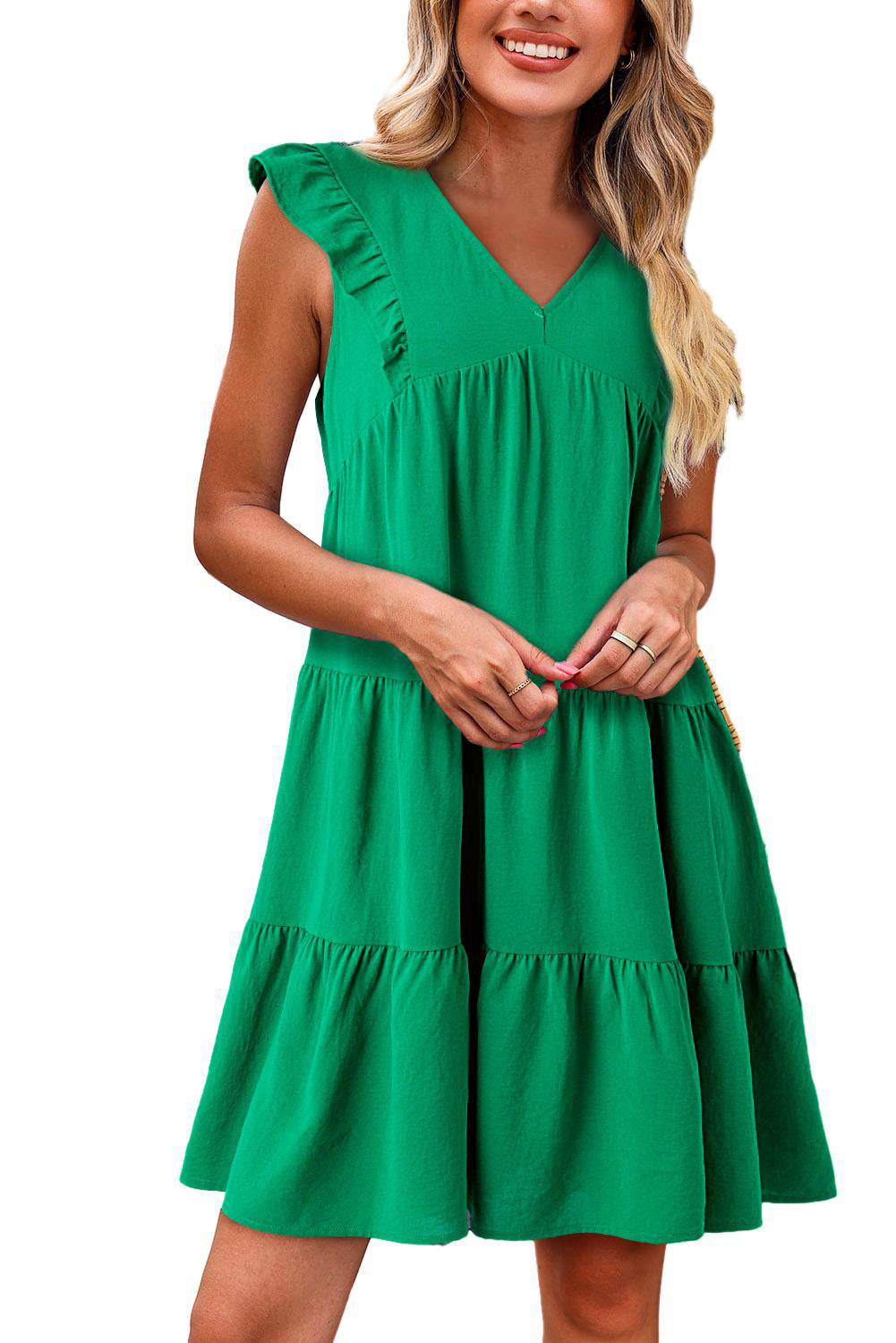 Bright Green V-Neck Ruffle Tiered Mini Dress *** Pre Order*** Not Available till 6/20/24