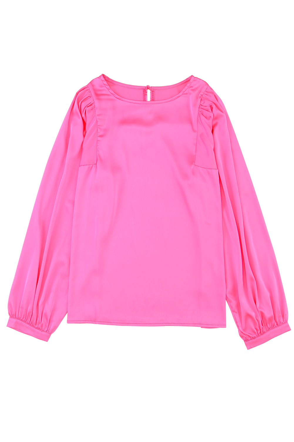 Pink Satin Puff Long Sleeve Crewneck Blouse