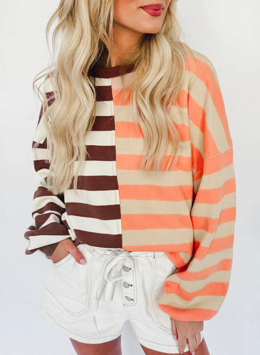 Brown Stripe Color Block Drop Shoulder Pullover Sweatshirt