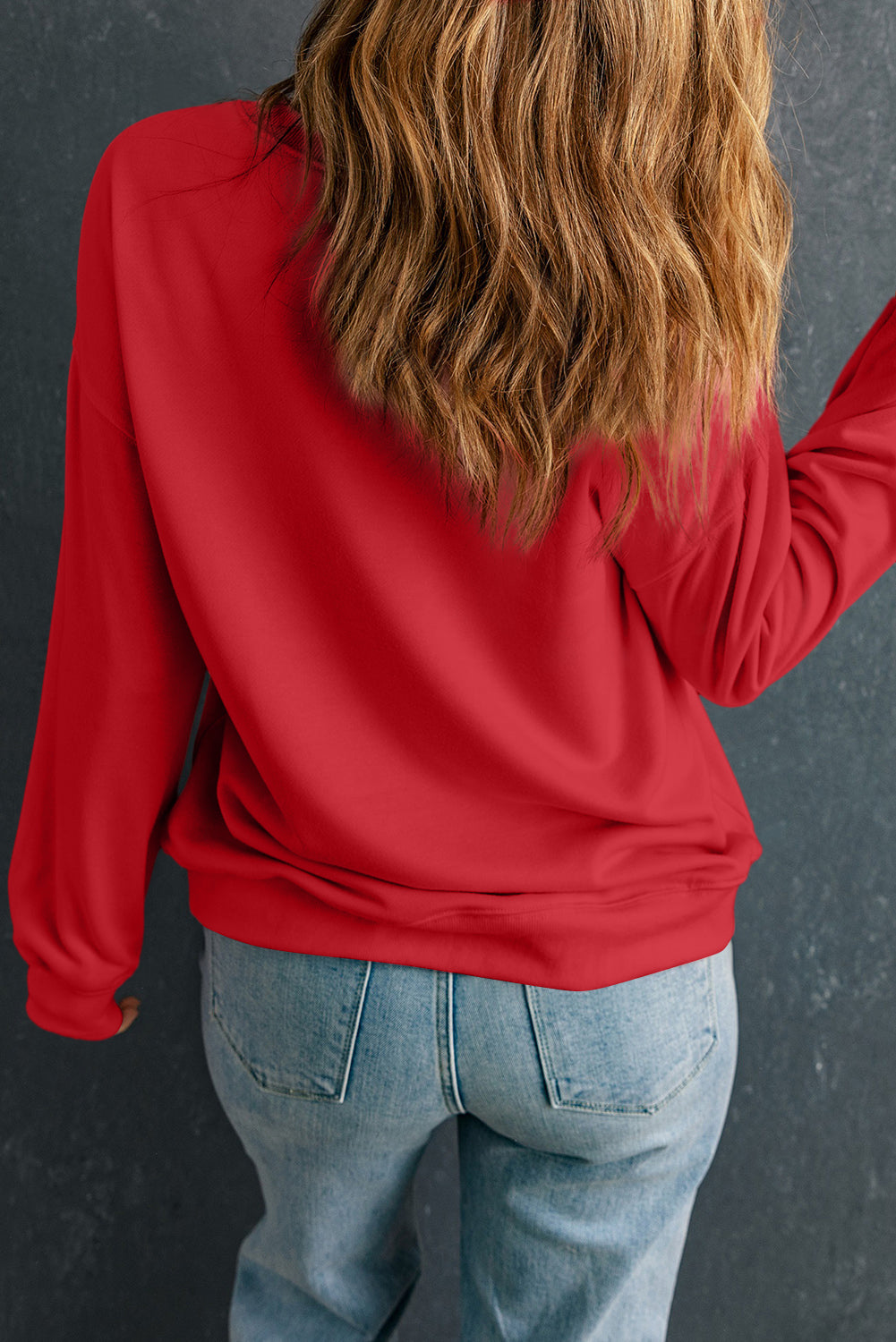 Red Solid Color Classic Crewneck Pullover Sweatshirt