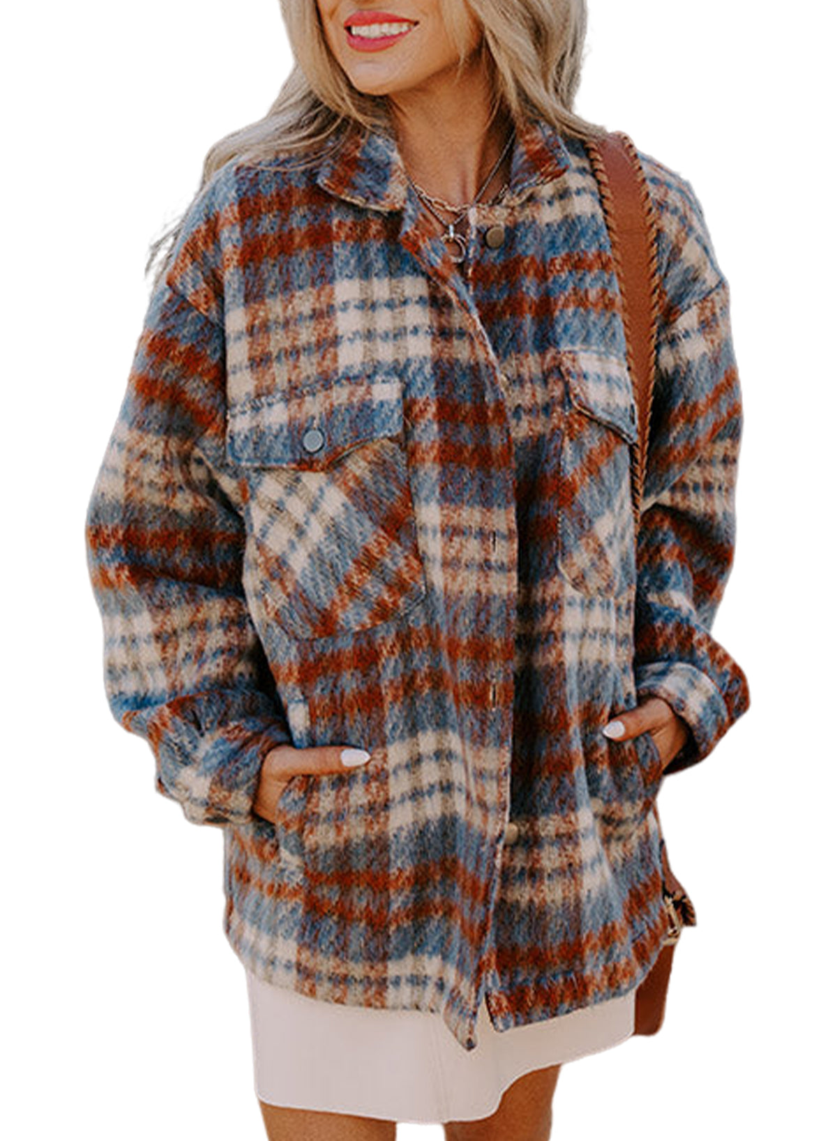 Mist Green Plaid Print Chest Pockets Turn Down Collar Shacket