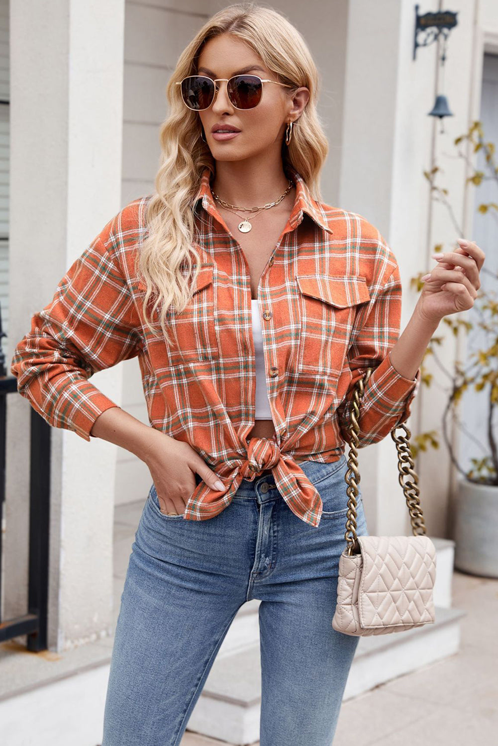 Red Plaid Chest Pocket Button Front Shirt