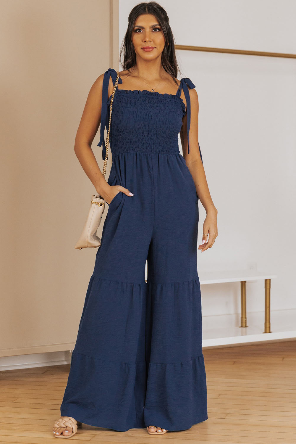 Dark Blue Tie Straps Shirred Casual Tiered Wide Leg Jumpsuit